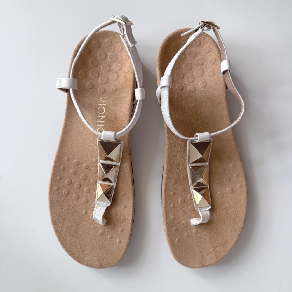 Vionic Rest Nala Leather T-Strap Orthotic Sandal White and Gold Size 9